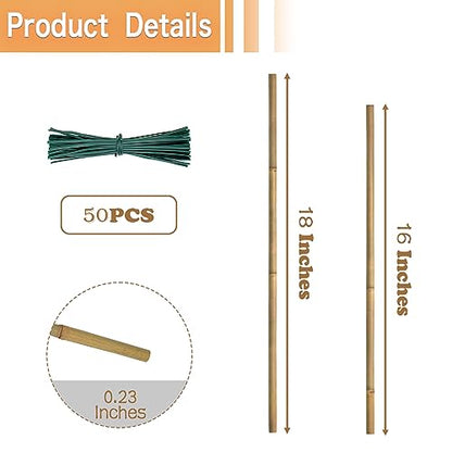 Plant Stakes,18 Inch Bamboo Stakes，Natural Garden Stakes for Indoor and Outdoor Plants，POLIUMB 50PCS Poles Sticks for Tomatoes,Beans,Flowers,Trees