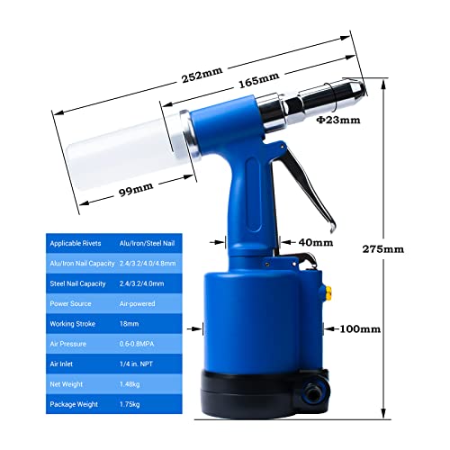 INPANOLS Pneumatic Pop Rivet Gun Hydraulic Air Rivet Tool Kit with 3/32-inch 1/8-inch 5/32-inch 3/16-inch Nosepieces INPANOLS