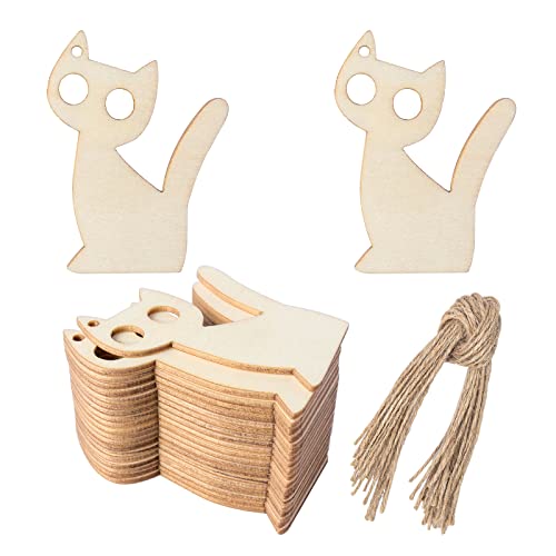 Big Eyes Cat Shape Wooden Blank Wood with Twines Art Unfinished Ornaments for Christmas Wedding Birthday Party Thanksgiving Day Decoration 24Pcs Zontween