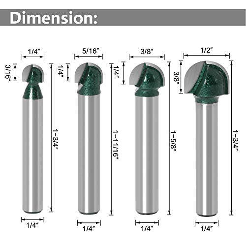 Yakamoz 4Pcs 1/4" Shank Round Nose Router Bit Core Box Router Bits Set Round Groove CNC Sign Making Router Cutter Woodworking Carving Cutting Tool YAKAMOZ