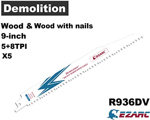 EZARC Reciprocating Saw Blades 9-Inch, Bi-Metal Cobalt Sabre Saw Blades for Wood & Metal Demolition 5+8TPI R936DV (5-Pack) EZARC