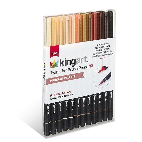 KINGART PRO Twin-Tip 445 Series Brush Pen Art Markers, PORTRAIT Collection, Set of 12 Unique & Vivid Colors KINGART