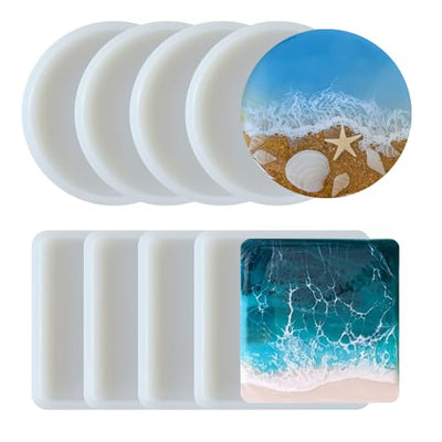 Midnadiy 8 Pcs Thickened Resin Coaster Molds - Large Round Square Silicone Coaster Molds for Epoxy Resin, DIY Crafts, Home Decor, Gifts - Durable and