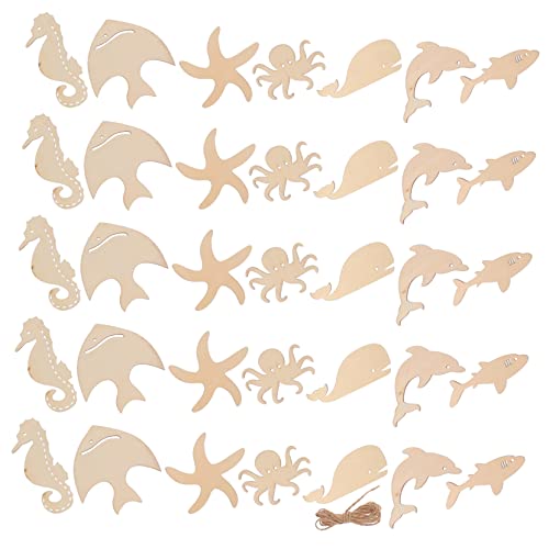 TEHAUX 70pcs Marine Animal Wood Chips Under The Octopus Cutouts Unfinished Wooden Slices Wood Sea Animals Cutouts Ocean Party Favor Unfinished Wooden TEHAUX