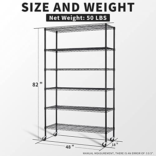 HCY Garage Shelving, 82x48x18 Metal Shelves 6 Tier Wire Shelving Unit Adjustable Heavy Duty Sturdy Steel Shelving with Casters for Pantry Garage HCY