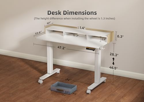 YDN Standing Desk with Drawers, 48 Inch Standing Desk Adjustable Height, Adjustable Electric Stand Up Sit Stand Small Desk with Storage and Shelf, YDN