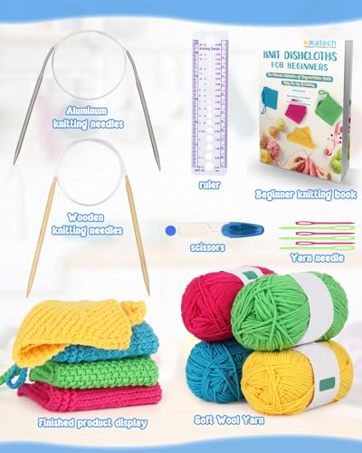 Katech Knitting Kit for Beginners-Learn to Knit Dishcloth-Beginner Knitting Kit for Adults Kids with Knitting Book, Knitting Needles, Soft Wool Yarn, Katech