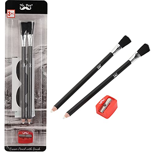 Mr. Pen- Eraser Pencil with Brush, 3 pcs, 2 Eraser Pencils with Brush and 1 Sharpener, Pencil Brush Eraser, Pencil Eraser with Brush, Eraser Pencils Mr. Pen