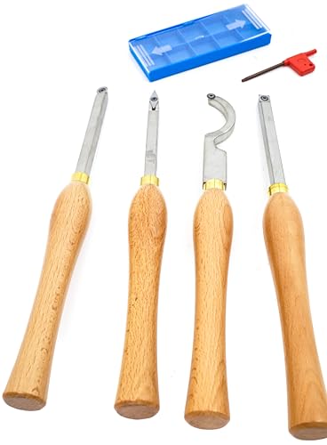 LLDSIMEX 4pcs Mini Carbide Tipped Wood Lathe Turning tools Combo set Rougher Detailer Finisher Hollower with Wood Handle and Diamond Round Square LLDSIMEX