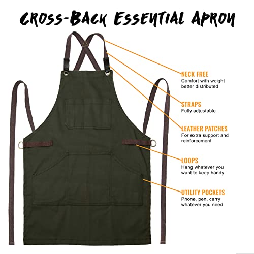 Under NY Sky Essential Army Green Apron – Cross-Back with Durable Twill and Leather Reinforcement – Adjustable for Men and Women – Pro Chef, Tattoo Under NY Sky