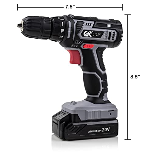 Cordless Drill/Driver Kit, 20V MAX 3/8” Keyless Chuck Compact Drill Set 2.0A Battery, Charger, 18+1 Torque Clutch, 0-650 No Load Speed, 309 In-lbs CottonKing
