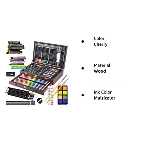 Sunnyglade 145 Piece Deluxe Art Set, Wooden Box & Drawing Kit with Crayons, Oil Pastels, Colored Pencils, Watercolor Cakes, Sketch Pencils, Paint Sunnyglade
