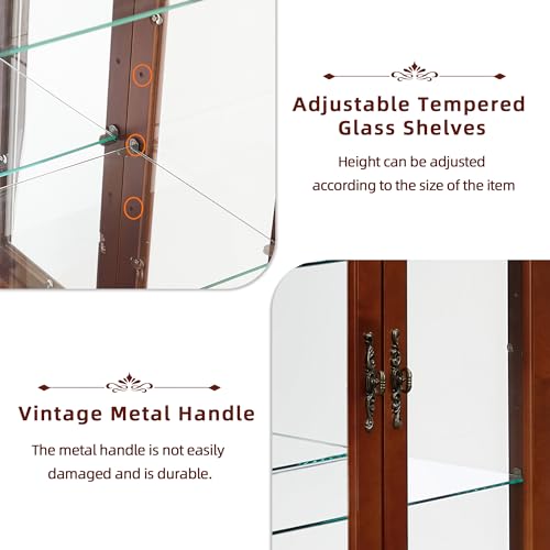 Dolonm Curio Cabinet with Tempered Glass Doors, Curio Cabinets with Mirrored Back Panel and Adjustable Shelves, Lighted Display Cabinet for Home, Dolonm