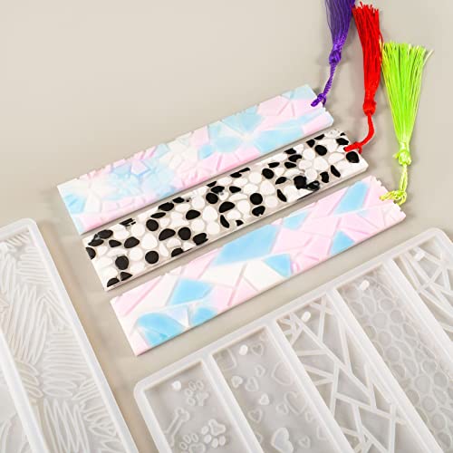 Szecl 10Pcs Resin Bookmark Mold Upgrade Rectangle Bookmark Silicone Mold with 10 Tassel Leaves Texture Flower Shaped Epoxy Resin Casting Mold DIY Szcelling