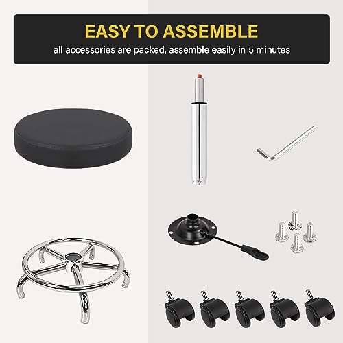 WKWKER Round Rolling Stool with Footrest PU Leather Height Adjustable 360° Swivel Stool with Wheels Office Stool Chair Home Drafting Work Studio Shop WKWKER