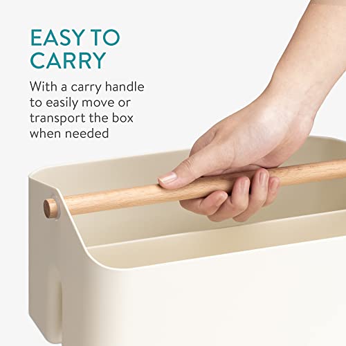 Navaris Organizer Caddy with Wood Handle - Storage Holder with 2 Compartments for Makeup Nursery Desk Bathroom 10.4" x 6.5" x 5.9" - Cream Navaris