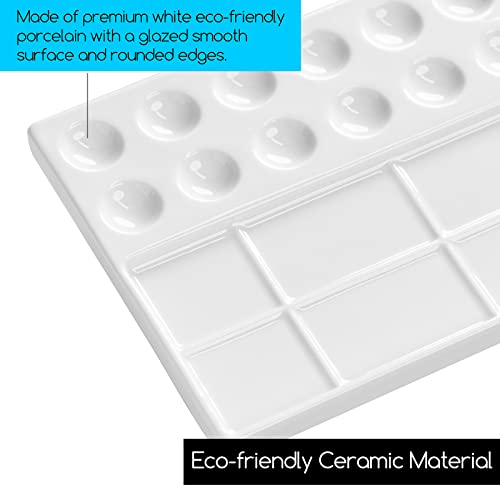 MEEDEN 22-Well Ceramic Watercolor Palette, Rectangle Porcelain Artist Paint Palette, 7.6'' × 5.5'' Ceramic Mixing Tray for Gouache, Watercolor, MEEDEN