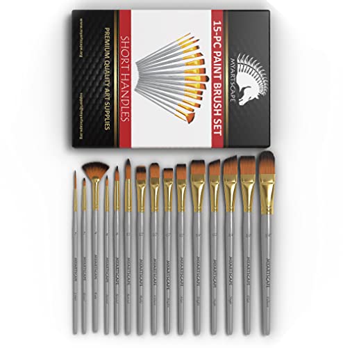 MyArtscape Paint Brush - Set of 15 Art Brushes for Watercolor, Acrylic & Oil Painting - Short Handles MyArtscape