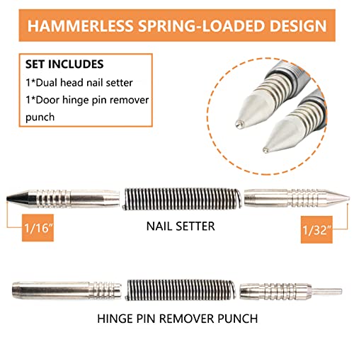 WHLLING 2-Piece Dual Head Nail Setter and Hinge Pin Punch Set, Hammerless 1/32″& 1/16″Spring Nail Set, 5000 PSI Striking Force Door Pin Removal Tool WHLLING
