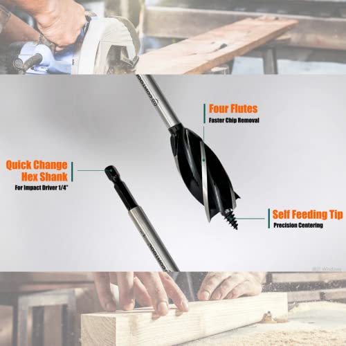 CORTOOL Auger Drill Bit for Wood,1/2", 5/8", 3/4" and 1" Inch Size with Quick Change Hex Shank 5-Piece Drill Bit Set for Wood Cortool