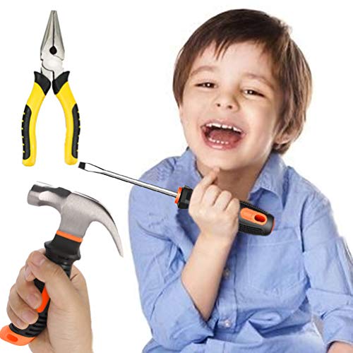 Real Kids Tool Set,22 PCS Kids Junior Tool Set with Woodworking,Construction Tool Set for Kids Pretend Play,DIY Real Tools for Boys & Girls Beginner QeeHeng