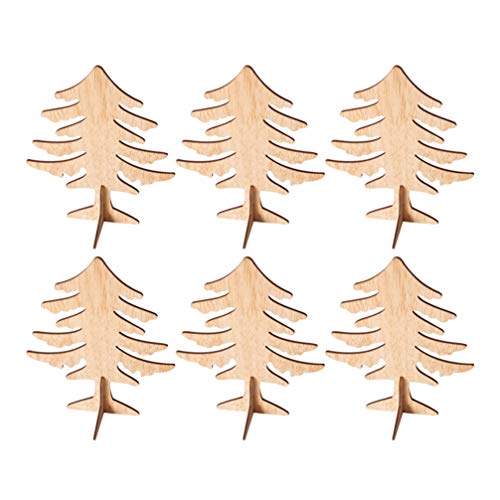 Amosfun 6pcs Wooden Christmas Tree Crafts 3D Unfinished Natural Wood Cutouts Sculpture Tabletop Xmas Tree Ornament for Cabinet Bookshelf Party Decor Amosfun