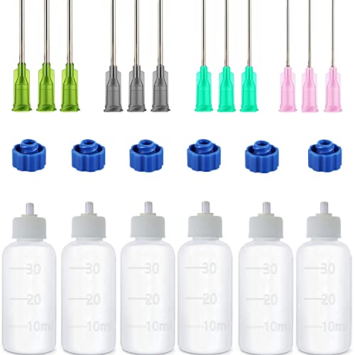 Expesumas 6 Pcs Glue Applicator Bottles, 30ml Plastic Squeezable Dropper Bottles with Blunt Needle Tip 14ga 16ga 18ga 20ga for Glue Applications, Expesumas