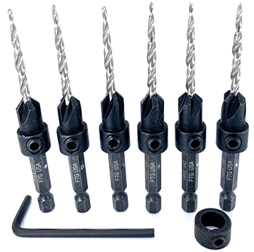 FTG USA Countersink Drill Bit Set 6 Pc #6 (9/64") Wood Countersink Drill Bit Pro Pack Countersink Set, Tapered Countersink Bit, 1 Stop Collar, Hex - WoodArtSupply