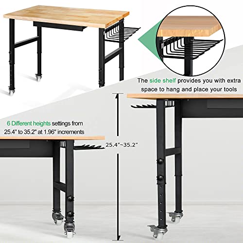 59" Bamboo Wood Garage Workbench w/Power Outlets & Drawer,Adjustable Height 25.4"-35.2",Multifunctional Workstation on Wheels 2000 Lbs Commercial RELIANCER