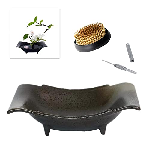 Japanese Flower Frog Ikebana Vase Kit, Ceramics Flower Container (7.9"Lx5.9"Wx2.0"H) with 2.4" Round Floral Frog and 2 in 1 Kenzan Needle Eggone