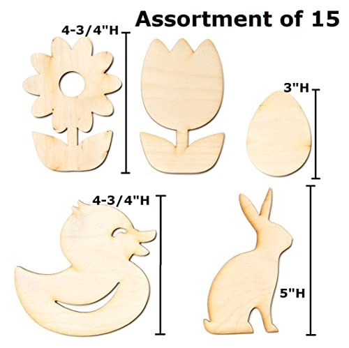 Pack of 15 Unfinished Wood Assorted Springtime Cutouts by Factory Direct Craft - Bunnies, Ducks, Eggs and Flowers Wooden DIY Shapes for Scouts, Factory Direct Craft