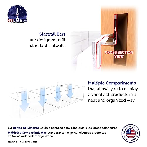Marketing Holders 2 Pack Slatwall Acrylic Retail Tray Four Compartment 15.75" Wide x 4.75" Deep Clear Product Merchandise Storage Organizer for Marketing Holders