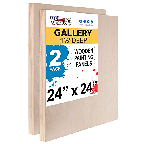 U.S. Art Supply 24" x 24" Birch Wood Paint Pouring Panel Boards, Gallery 1-1/2" Deep Cradle (Pack of 2) - Artist Depth Wooden Wall Canvases - U.S. Art Supply
