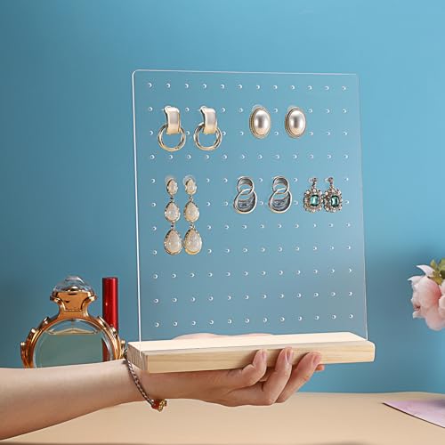 JUXYES Pack of 2 Clear Acrylic Enamel Pin Display Stand with Wooden Base, Tabletop Pin Organizer Display Storage Stand, Enamel Pin Display Holder for JUXYES