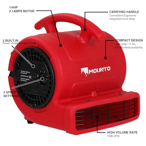 MOUNTO 1/4hp 1000CFM 2 Speed Air Mover Carpet Dryer Floor Fan Cooling Fan (Red) MOUNTO
