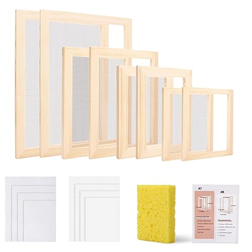 Worown 4 Sizes (A4, A5, A6, A7) Wooden Paper Making Screen Kit,Paper Making Frames, Mould and Deckle for Paper Making, DIY Paper Crafts Worown