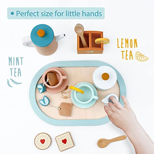 PairPear Wooden Tea Set for Little Girls, Wooden Toys Toddler Tea Set Play Kitchen Accessories for Kids Tea Party with Play Food. PairPear