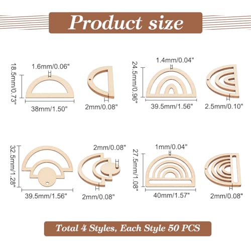 PH PandaHall 200PCS Unfinished Wood Blanks Charms 4 Style DIY Rainbow Earrings Pendants Wood Earring Findings for Earring Necklace Jewelry DIY Craft PH PandaHall