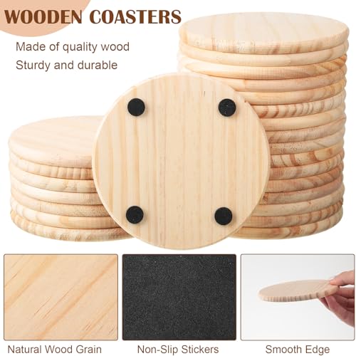 Hushee 96 Pcs Unfinished Wood Coasters 4 Inch Blank Wooden Coasters for Crafts with Non Slip Foam Pad Stickers Wooden Craft Coasters for DIY Stained Hushee