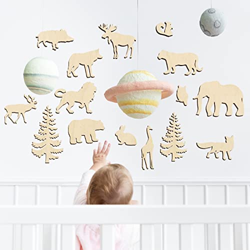 Set of 15 Wood Cutouts,Forest Animals Wood Cutouts for Crafts,Wooden Crafts to Paint,Unfinished Wooden Animal Cutout,Bear Deer Pine Trees Elephant