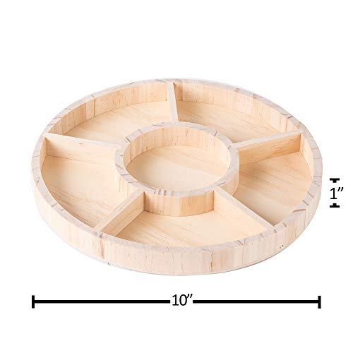 Wooden Tray with 6 Sections – 2 Pack Round Tray Chip and Dip Platter – Divided Serving Tray for Appetizers & Snacks – Veggie Platter - Food Trays for Hammont