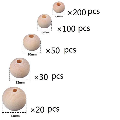 Amaney 400pcs 6mm-14mm Unfinished Wood Beads Assorted Natural Round Ball Loose Solid Wooden Spacer Beads for Crafts DIY Handmade Jewelry Making Looconi