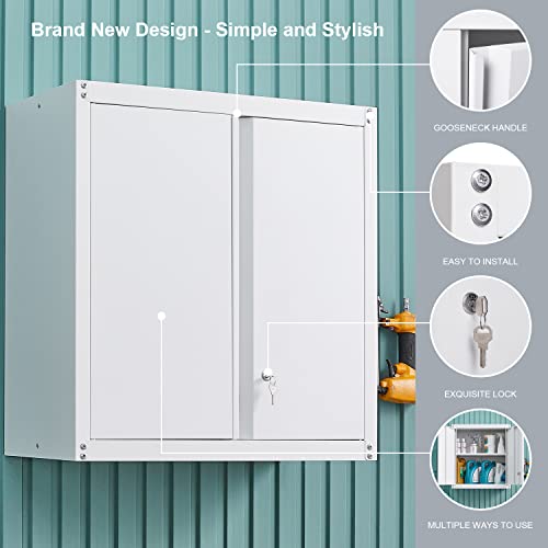 GREATMEET Metal Wall Storage Cabinet with Lock,White Wall Mount Metal Storage Cabinets with 1 Adjustable Shelf and 2 Doors, Steel Cabinet for Garage, GREATMEET