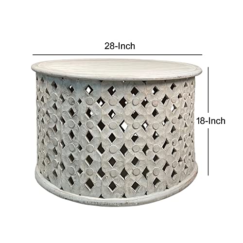 The Urban Port Mango Wood Farmhouse Round Coffee Table with Intricate Diamond Cut-Out Base The Urban Port