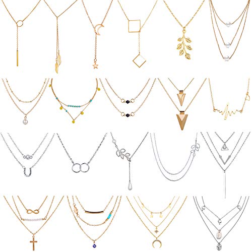 AROIC 20 PCS Pendant Necklace with 14 PCS Gold,6 PCS Sliver,20 styles of necklaces for Women Girls Jewelry Fashion and Valentine Birthday Party Gift AROIC