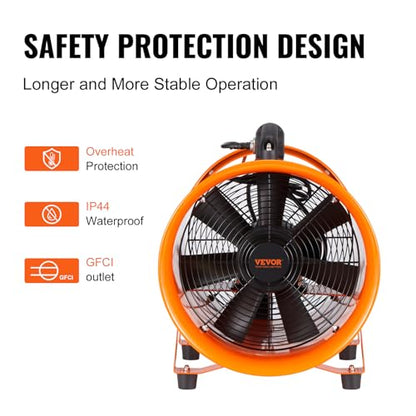 VEVOR Portable Utility Blower Fan, 8 Inch 195W 1070 CFM Heavy Duty Cylinder Axial Exhaust Fan with 33ft Duct Hose, Industrial Ventilator for