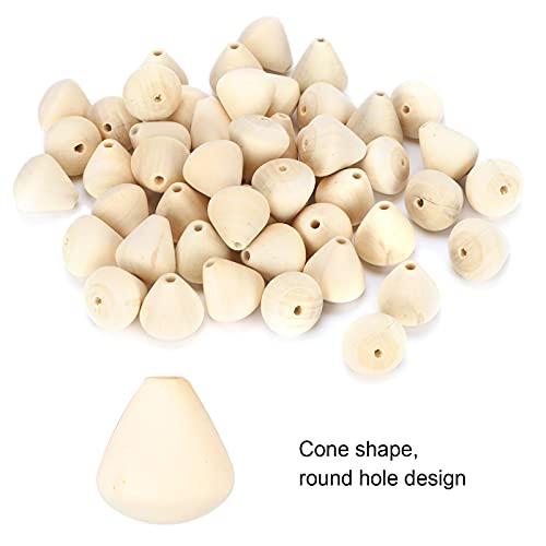 50Pcs Wood Beads Cone Shape Round Unfinished Wooden Loose Beads Wood Spacer Beads for Crafts DIY Jewelry Making Decoration Hztyyier