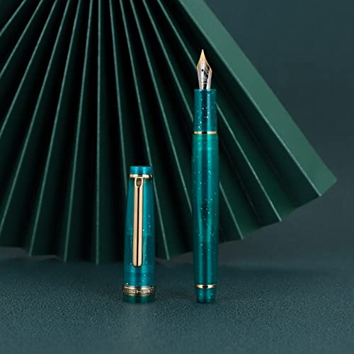 Jinhao 82 Acrylic Fountain Pen, Iridium Extra Fine Nib with Ink Converter, Transparent Peacock Blue Fluorescent Classic Design Smooth Writing Pen Wikult