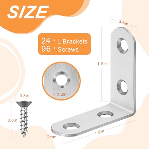 24PCS Silver L Bracket Corner Sets 90 Degree Corner Brace Metal Right Angle Bracket Stainless Steel for Wood Shelves Cabinet Furniture Tables Chairs PICRALT
