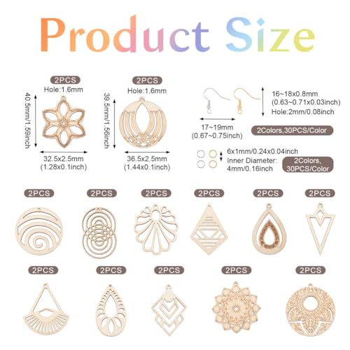 26pcs Wooden Earring Charms Unfinished Natural Wood Filigree Pendants in Teardrop & Kite & Flower & Rhombus & Triangle Shape with Earring Hooks & EEE ELECRELIVE